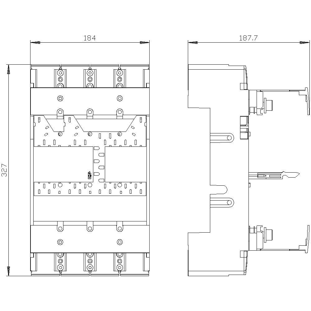 Technische Zeichnung eines elektrischen Schalters mit Abmessungen: Breite 184 und 187,7 mm, Höhe 327 mm. Vorder- und Seitenansicht.