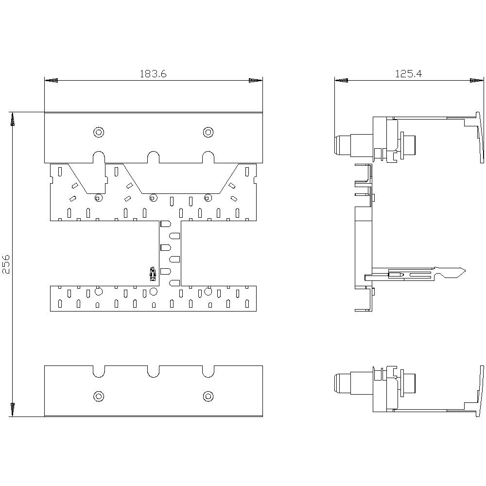 Ein technisches Diagramm zeigt eine mechanische Komponente mit Abmessungen von 183,6 mm x 125,4 mm x 235 mm in drei Ansichten.