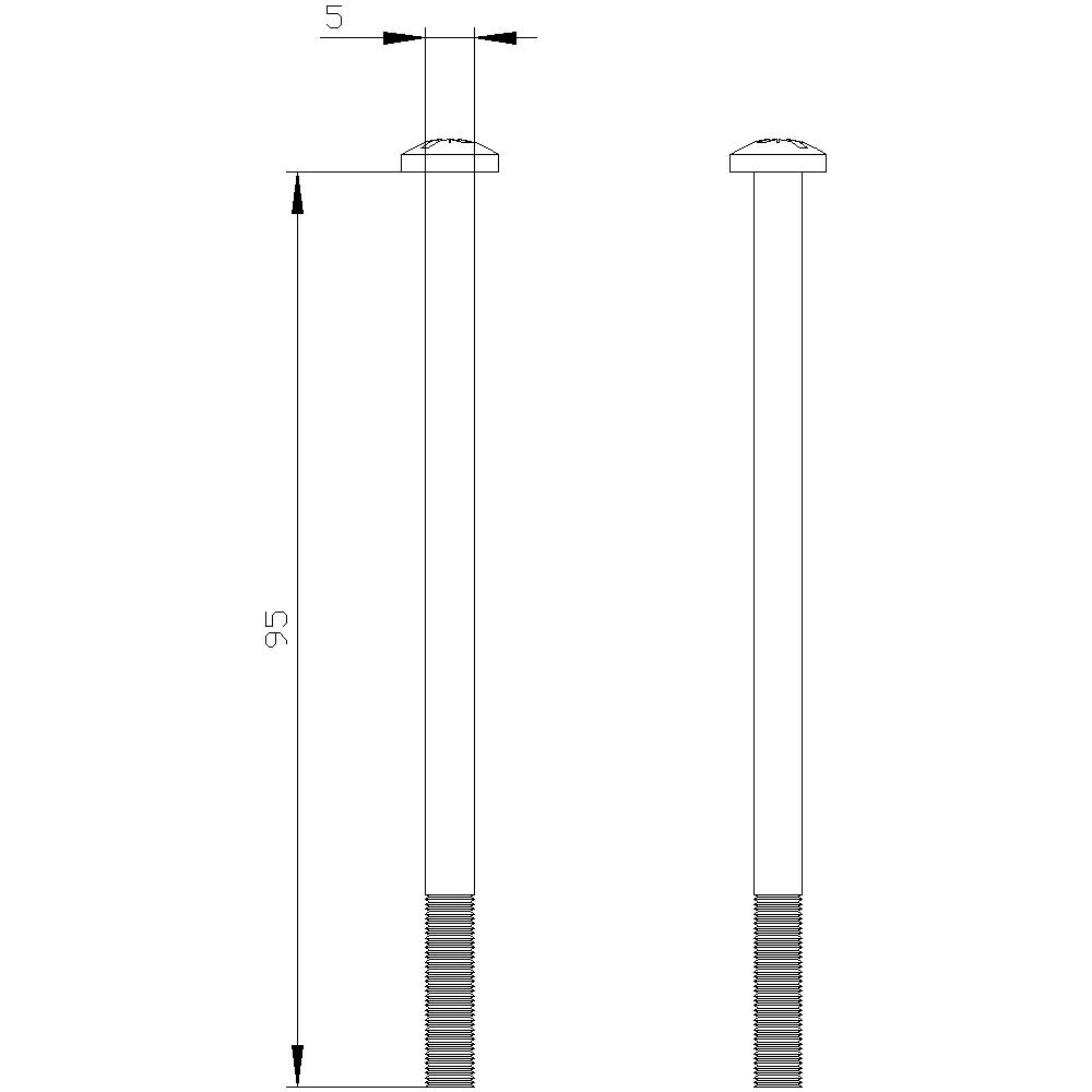 Technische Zeichnung zweier Schrauben mit Kuppelkopf. Links: 95 mm Länge, 5 mm Durchmesser. Rechts: identische Schraube ohne Maßangaben.