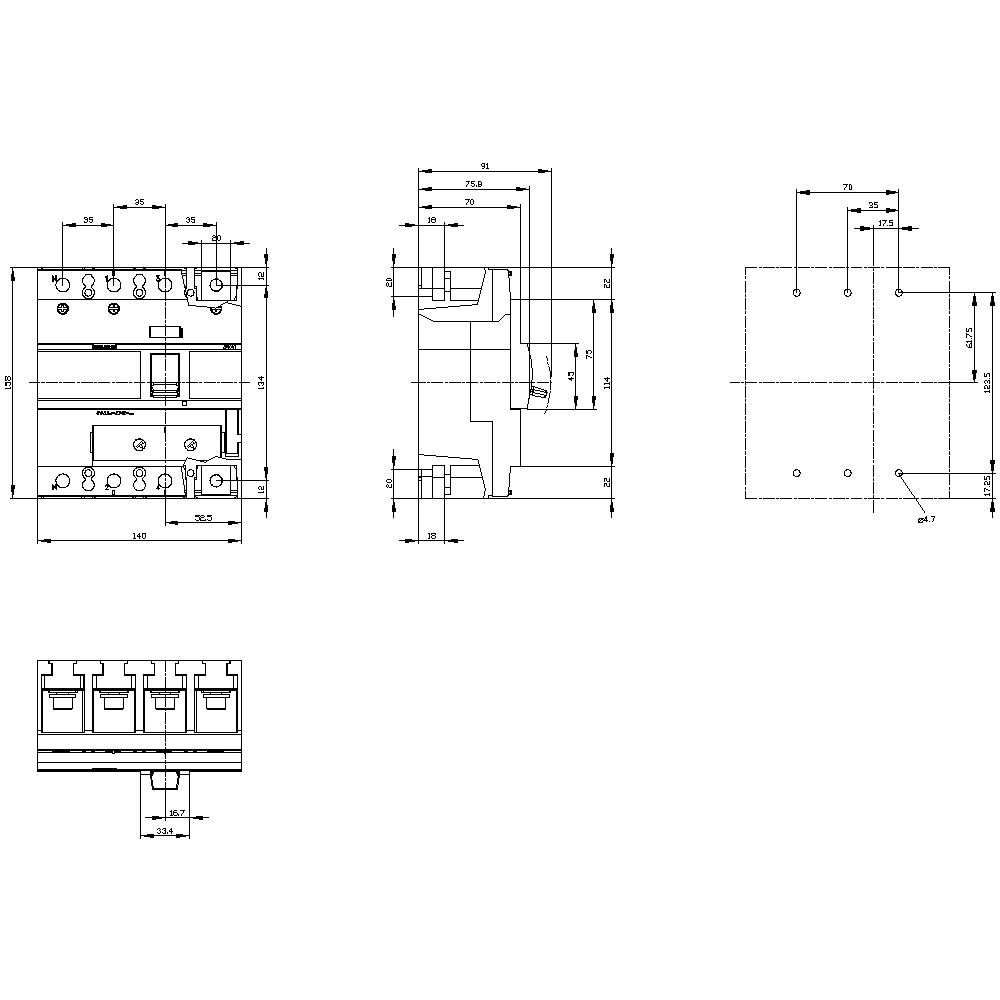 Technische Zeichnung eines elektrischen Schaltgeräts mit Abmessungen und Ansichten von vorne, der Seite und von oben. Hauptmechanismen und Maßangaben sind detailliert dargestellt.