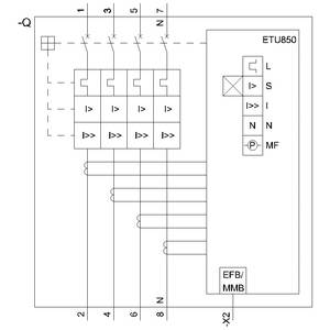 Elektronisches Schaltbild eines ETU850 Schutzrelais mit Anschlussbelegung. Komponenten und elektrische Verbindungen sind dargestellt.