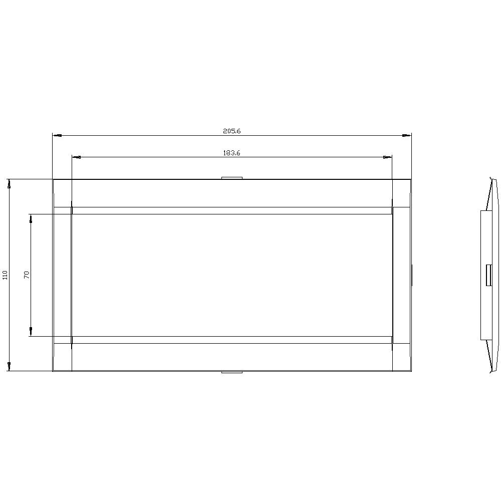 Technische Zeichnung eines rechteckigen Rahmens mit Maßen: Länge 2056 mm, Breite 110 mm. Seitenansicht zeigt Dicke von 70 mm.