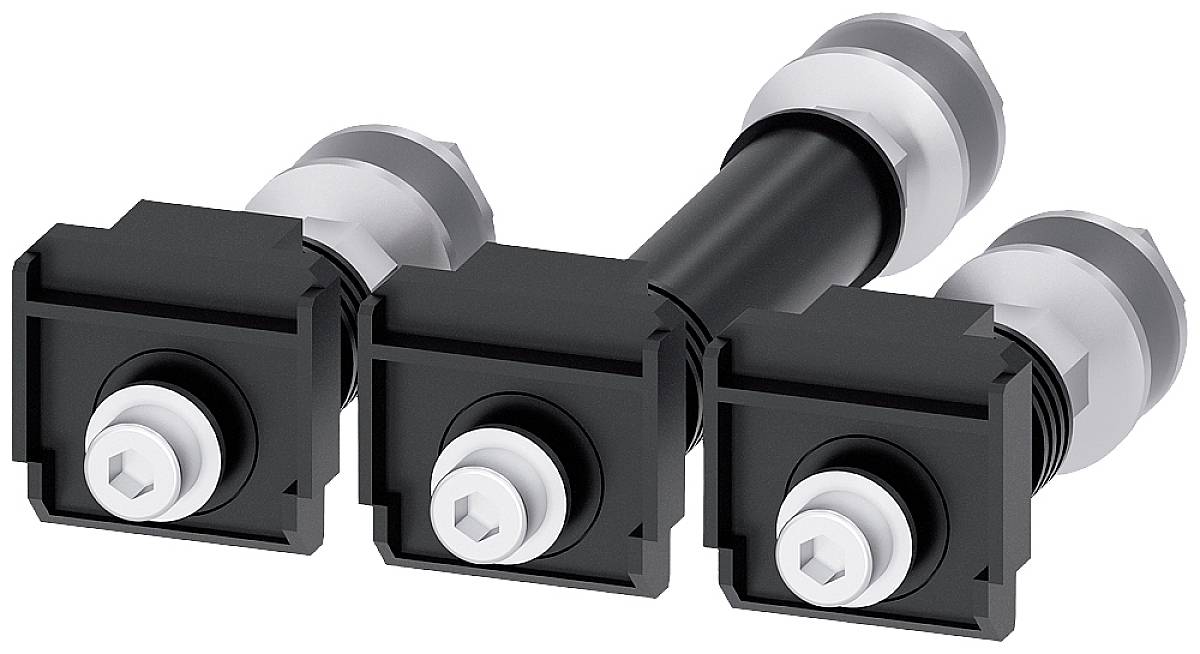 Drei schwarze Doppel-Montagemodule, nebeneinander angeordnet. Jedes Modul hat eine weiße Sechskant-Schraube in der Mitte.