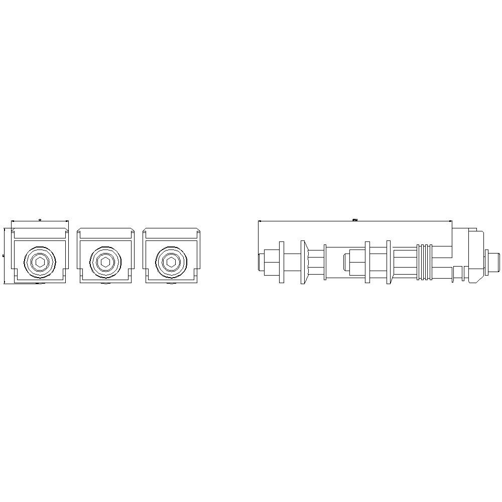 Technische Zeichnung mit der Vorderansicht von vier kubischen Objekten, gefolgt von einer seitlichen Ansicht eines zylindrischen Objekts.