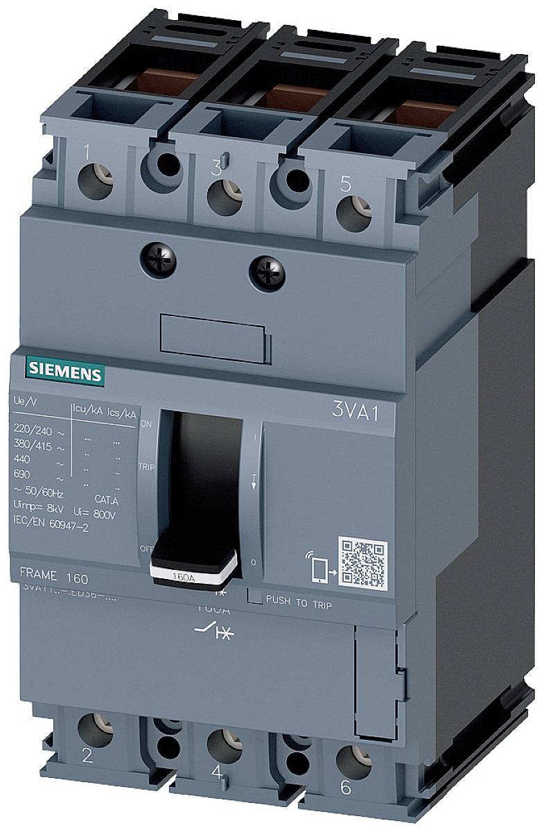 Ein Siemens-Leistungsschalter 3VA1. Schwarz-blauer Schalter mit verschiedenen technischen Spezifikationen.