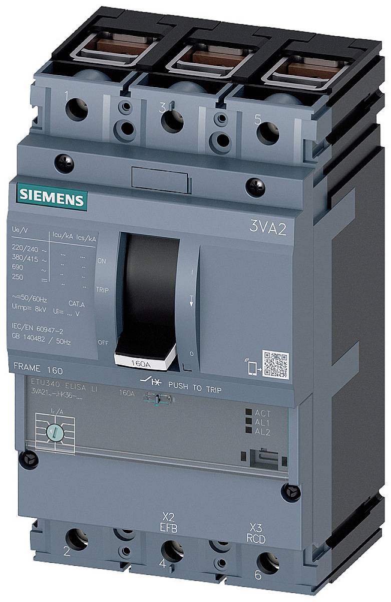 Siemens 3VA2 Leistungsschalter mit sichtbaren Anschlüssen und Bedienelementen, geeignet für industrielle Anwendungen.