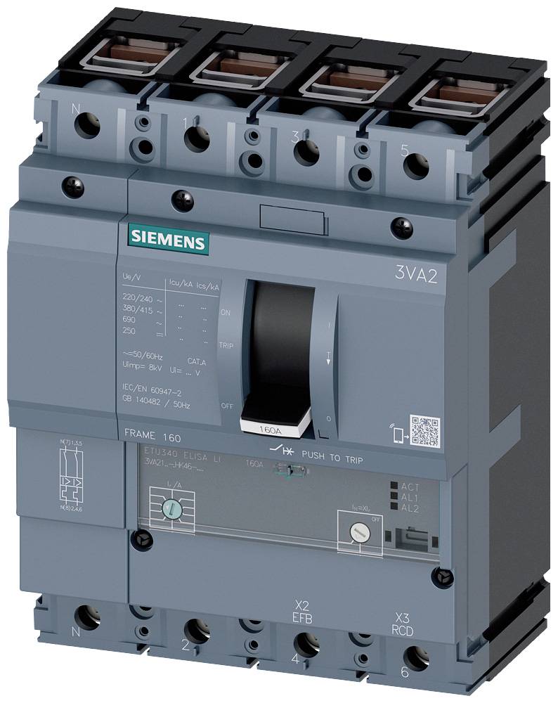 Ein vierpoliger Leistungsschalter der Marke Siemens. Hauptbestandteil eines elektrischen Schaltschranks, dient dem Schutz von Stromkreisen.