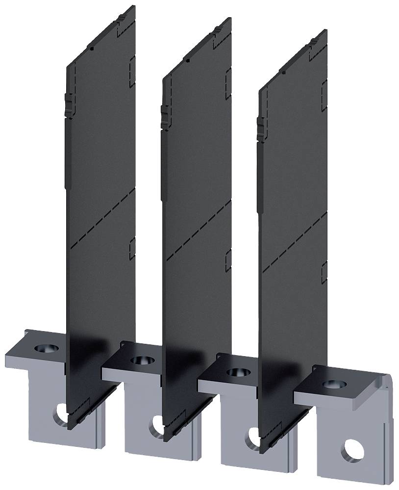 Drei schwarze, vertikale Abdeckungen aus Metall sind an grauen Halterungen befestigt, die in einem mechanischen oder elektronischen Gerät verwendet werden könnten.