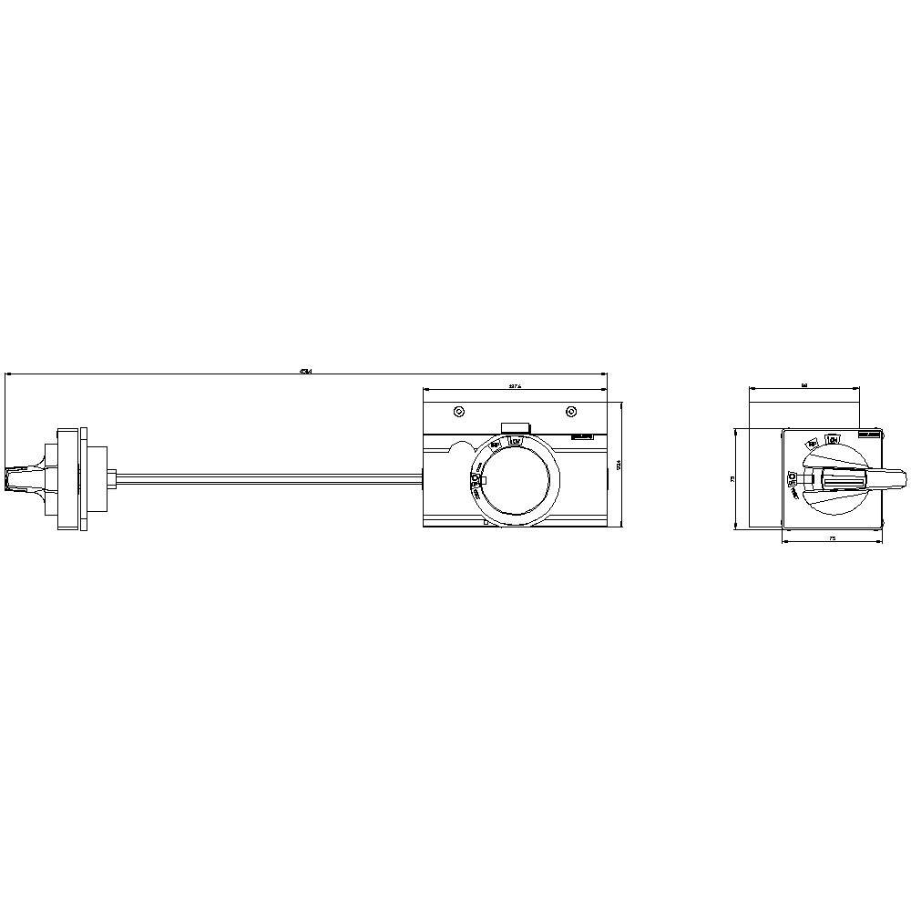 Zeichnung eines technischen Geräts mit seitlicher und frontaler Ansicht, zeigt Details eines Ventilsystems mit Rohrverbindungen.
