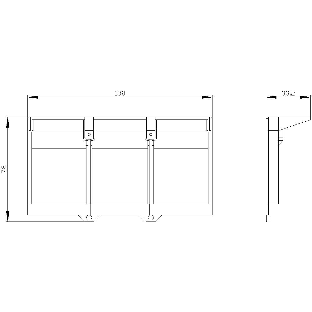 Technische Zeichnung eines dreiteiligen Regals mit Maßen: Breite 138 cm, Tiefe 33,2 cm, Höhe 78 cm, Seitenansicht.