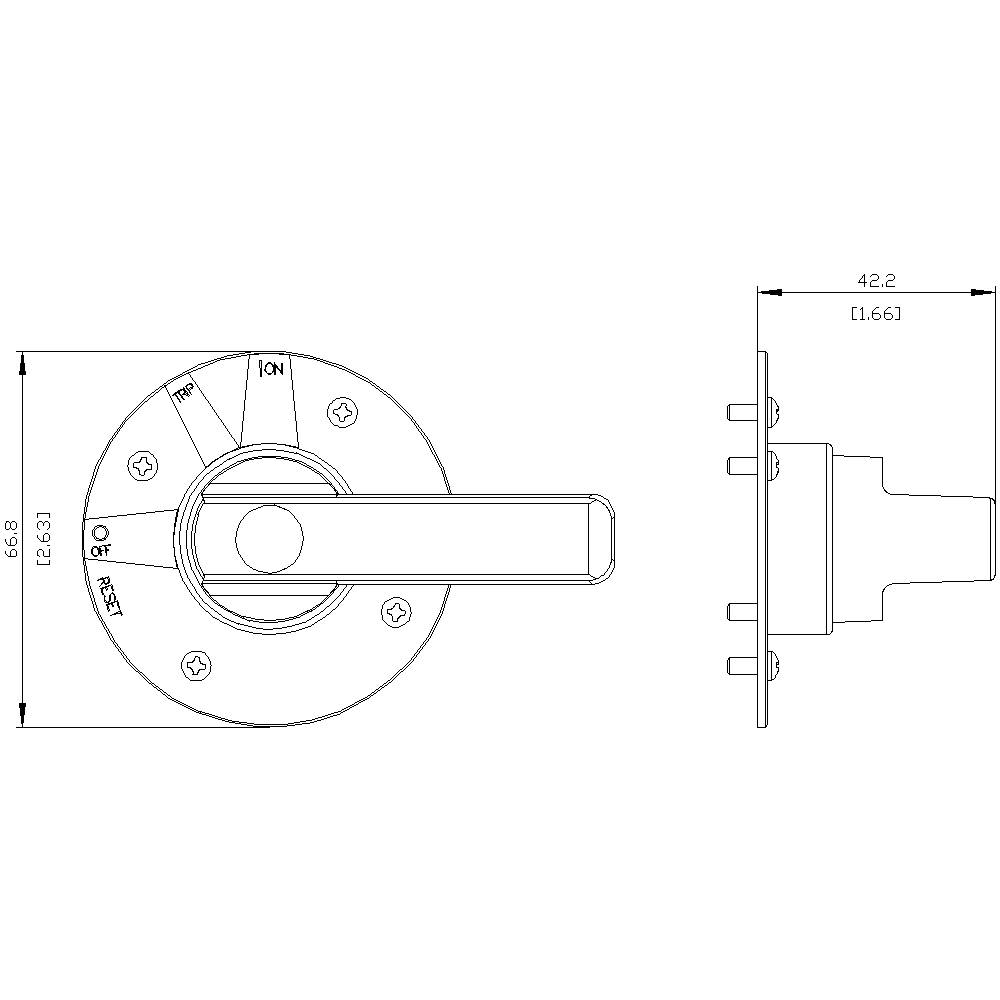 Technische Zeichnung eines Schaltgriffs: Ansicht von oben und Seite. Beschriftungen: Aus, Ein, raste. Maße: 26,3 mm Durchmesser, 42,2 mm Tiefe.