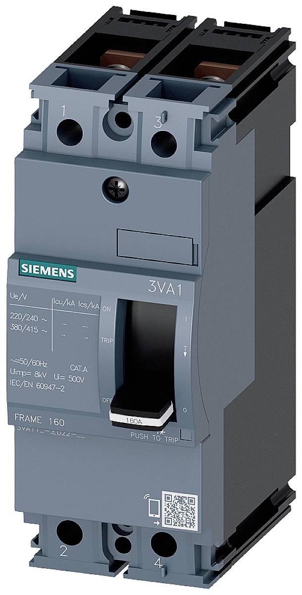 Ein grauer Siemens-Leistungsschalter, Modell 3VA1, mit spezifischen Spannungs- und Stromkennzeichnungen auf der Vorderseite.