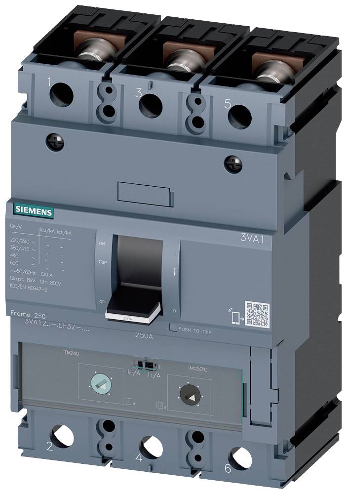 Ein dreipoliger elektrischer Leistungsschalter mit grauem Gehäuse, Siemens-Logo oben links und QR-Code unten rechts.