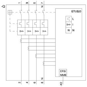 Schaltplan eines elektrischen Moduls mit vier Sicherungen und Bezeichnung 'ETU320'. Leitungen führen von Sicherungen zu Punkten X2.