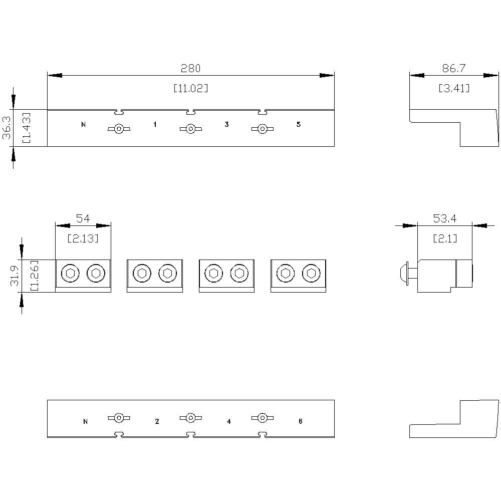 Technische Zeichnung eines rechteckigen Metallteils mit fünf nummerierten Löchern und Abmessungen in Millimetern.