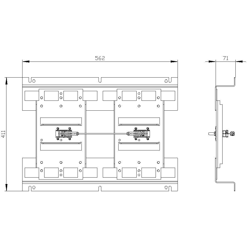 Technische Zeichnung eines rechteckigen Metallrahmens mit Montagehalterungen, Seiten- und Vorderansicht mit Maßen: 562 x 411 mm, Tiefe 71 mm.