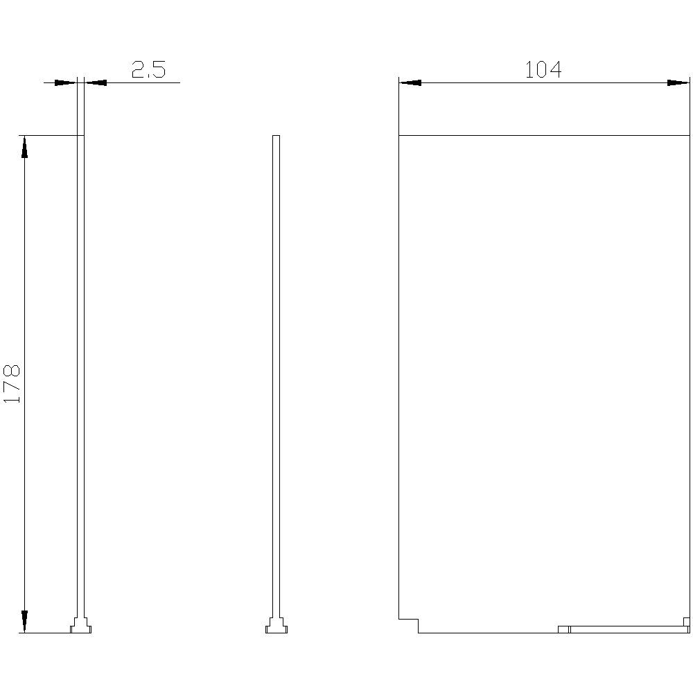 Zeichnung eines rechteckigen Objekts mit den Maßen: Höhe 178, Breite 104, Tiefe 2,5. Seiten- und Frontalansicht dargestellt.