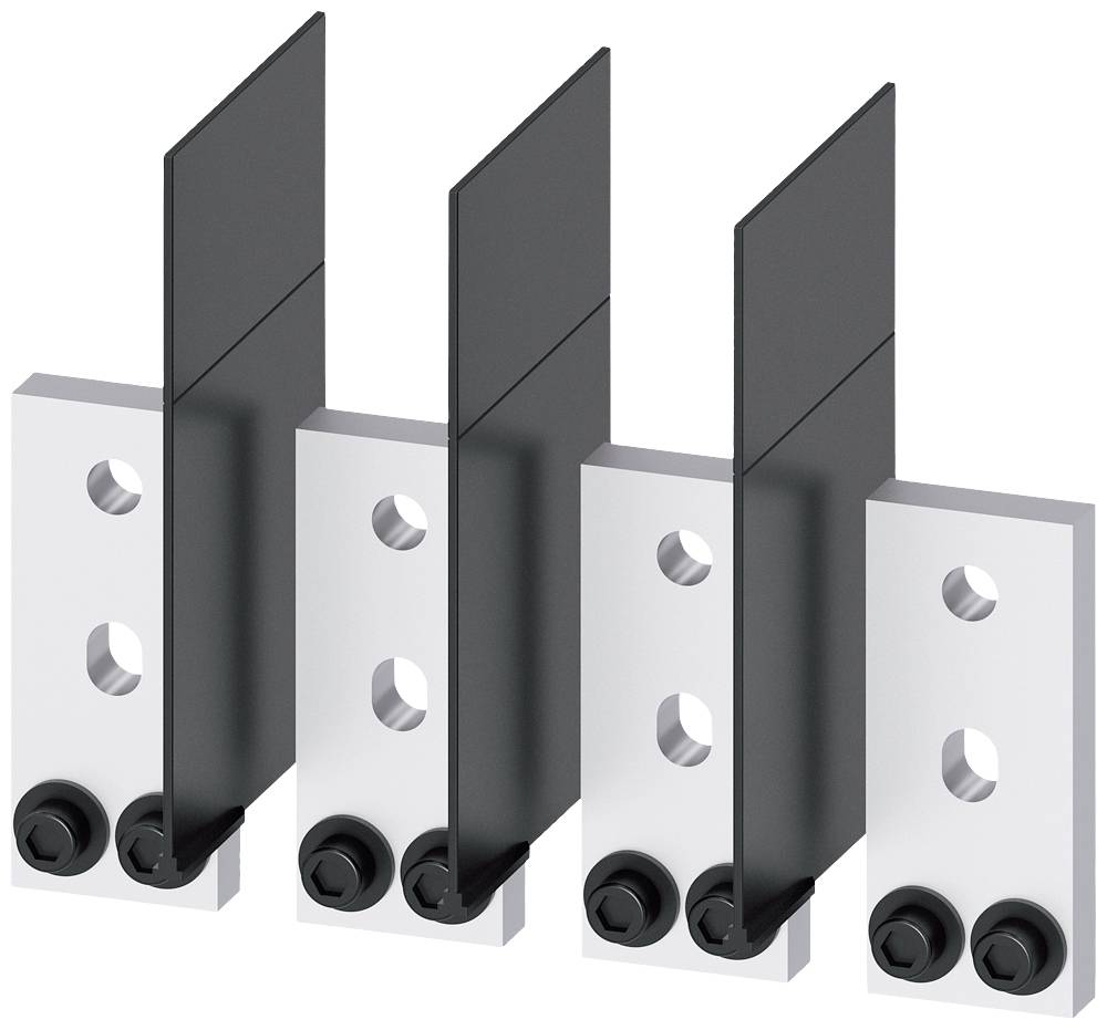 Drei parallel angeordnete Metallteile mit schwarzen Kunststoffteilen, die an Schrauben befestigt sind.