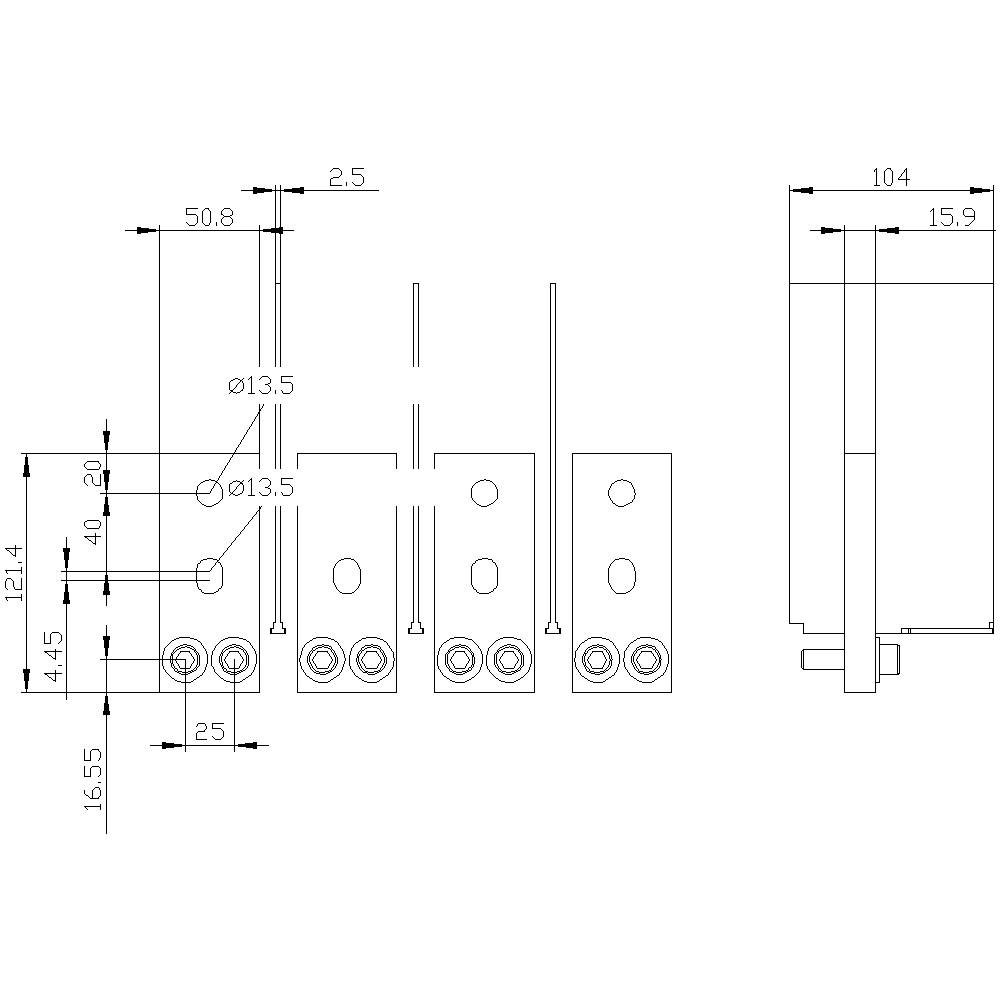 Technische Zeichnung eines elektronischen Bauteils mit Maßen in Millimetern. Zeigt Vorder-, Seiten- und Draufsicht mit präzisen Abmessungen.