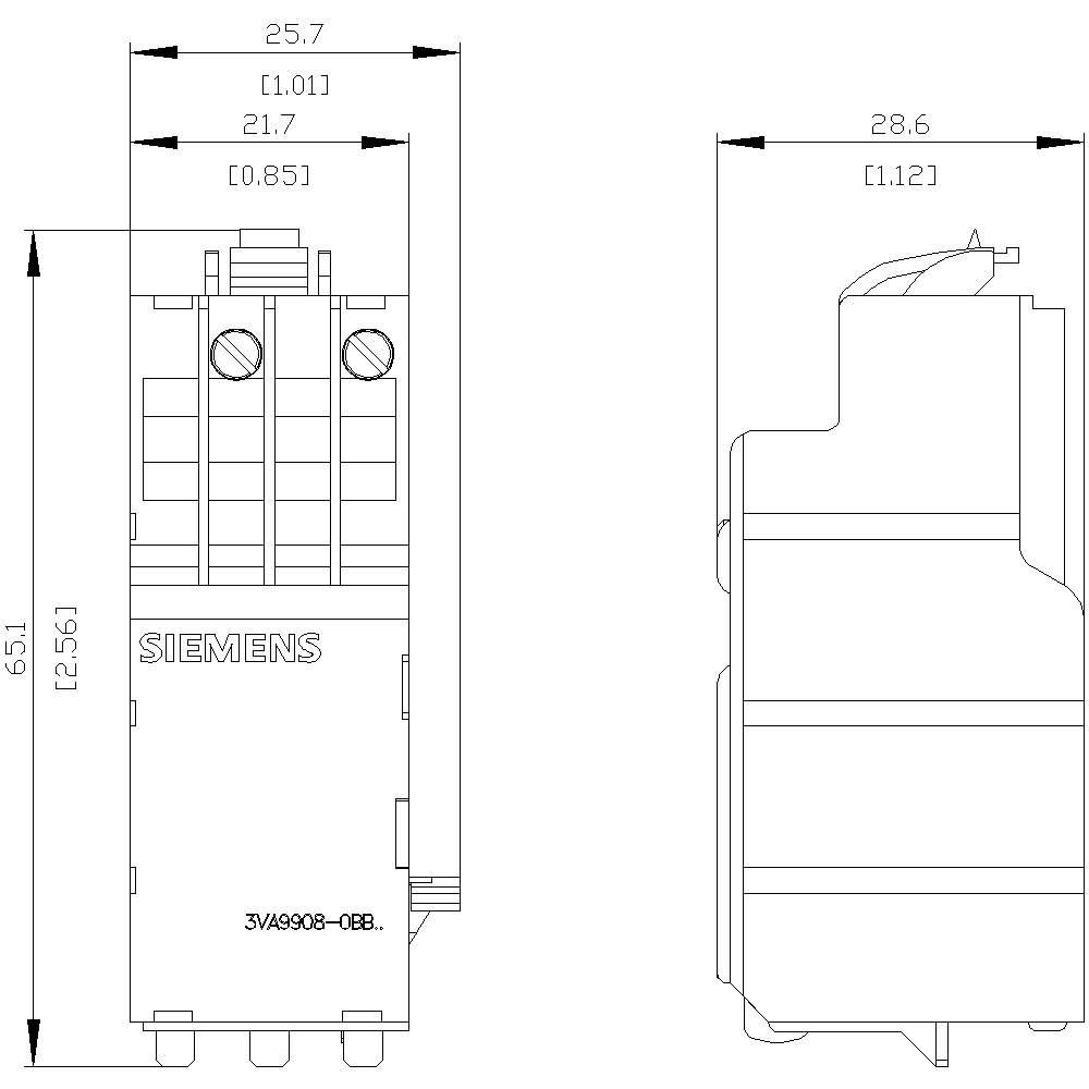 Technische Zeichnung eines Siemens Geräts mit Maßen: Höhe 65,1 mm, Breite 25,7 mm. Seitliche und frontale Ansichten.