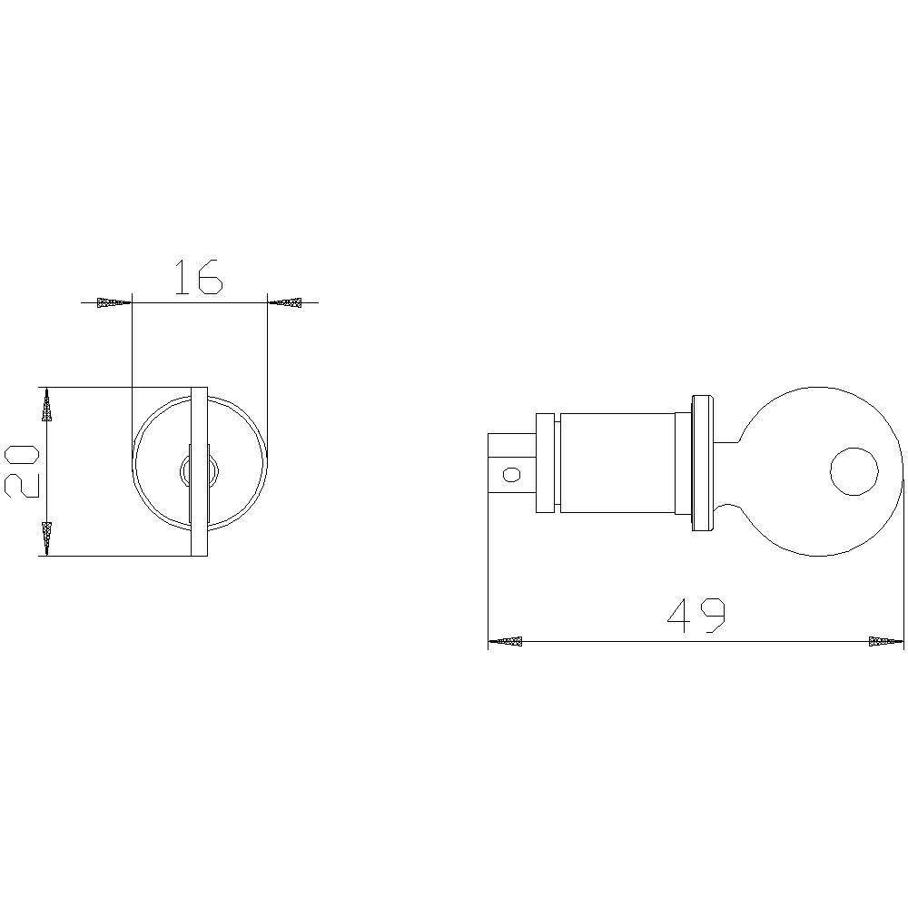 Technische Zeichnung eines zylindrischen Bauteils mit Maßen: Durchmesser 16 mm, Länge 49 mm. Ansicht von vorne und seitlich.
