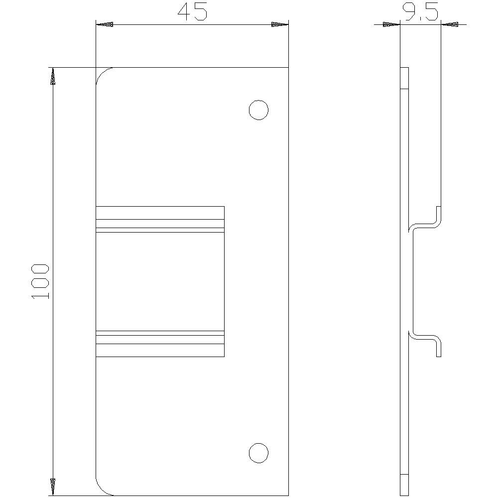 Technische Zeichnung eines Metallprofils mit Maßen: Höhe 100 mm, Breite 45 mm, Tiefe 9,5 mm. Profildetails und Bohrlöcher sind sichtbar.
