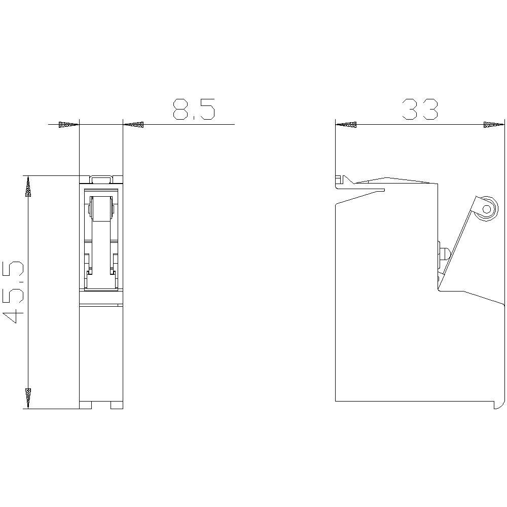 Technische Zeichnung eines Bauteils mit Abmessungen; links Höhe 45,5 mm, Breite 8,5 mm; rechts Breite 33 mm, Detail des Inneren sichtbar.