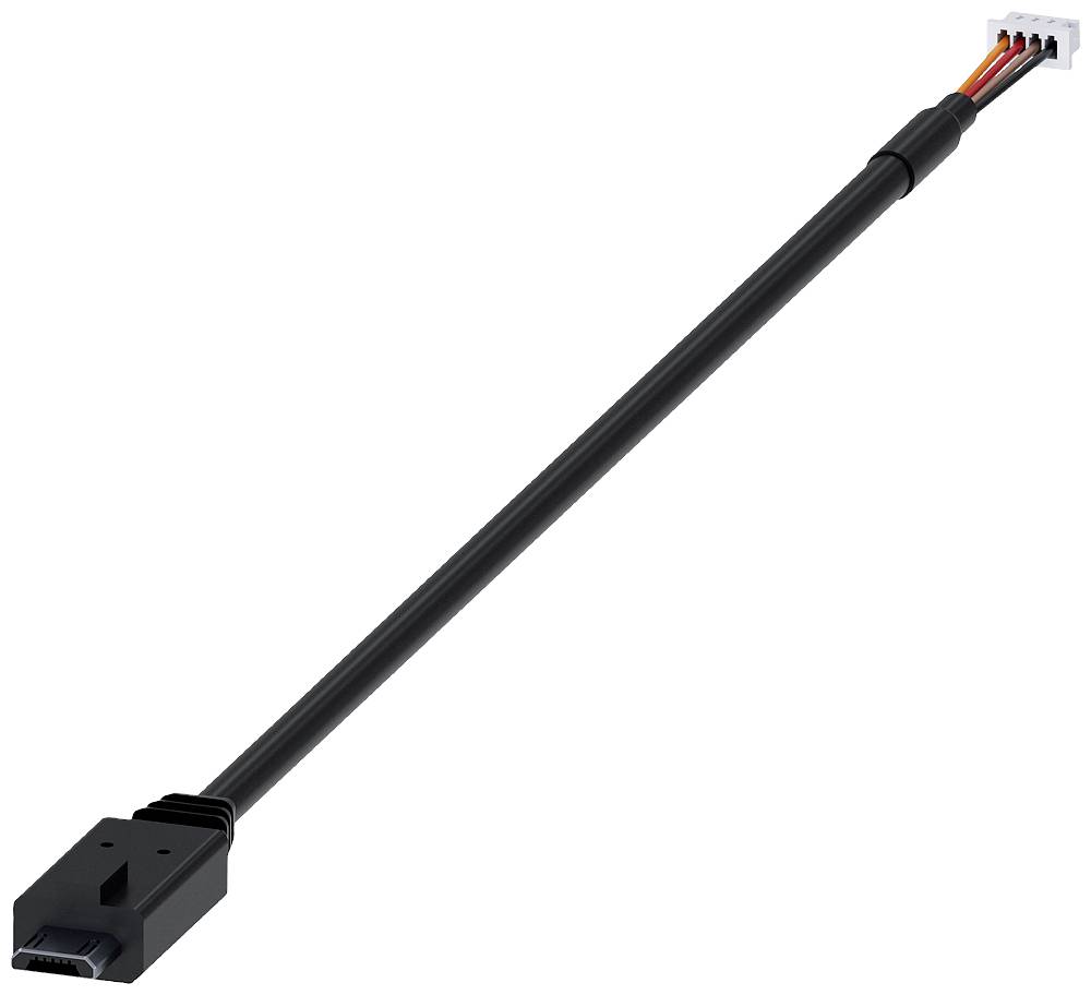 Ein schwarzes Kabel mit einem HDMI-Stecker auf der einen Seite und einem kleinen weißen Anschluss mit freiliegenden Drähten auf der anderen Seite.