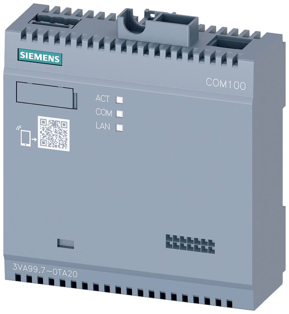 'Siemens COM100' Kommunikationsmodul, grau, mit QR-Code und Status-LEDs für ACT, COM, LAN, rechteckige Form.