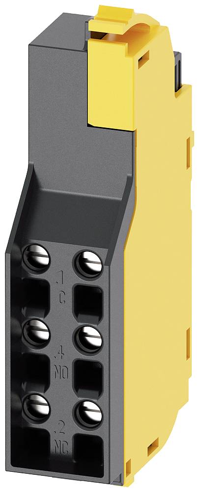 Gelbes elektronisches Bauteil mit mehreren Anschlussklemmen in schwarzer Fassung, dient zur elektrischen Verbindung.