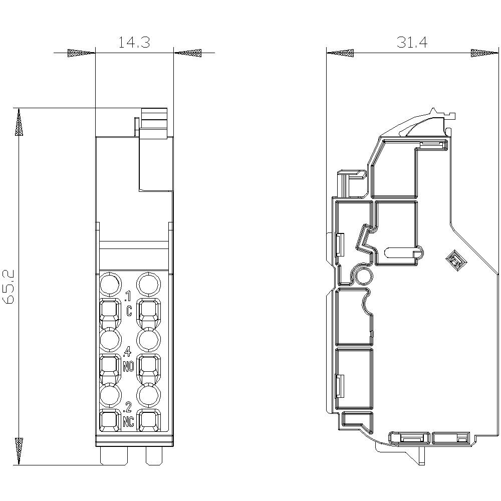 Technische Zeichnung eines elektrischen Moduls mit Maßen 14,3 mm x 65,2 mm x 31,4 mm. Zeigt Front- und Seitenansicht.