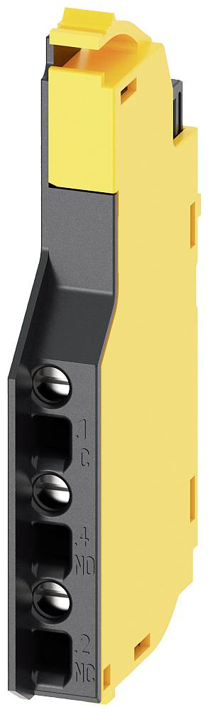 Elektrisches Relais mit gelbem und schwarzem Gehäuse, zeigt Anschlüsse an der Vorderseite, kompakt und vertikal ausgerichtet.