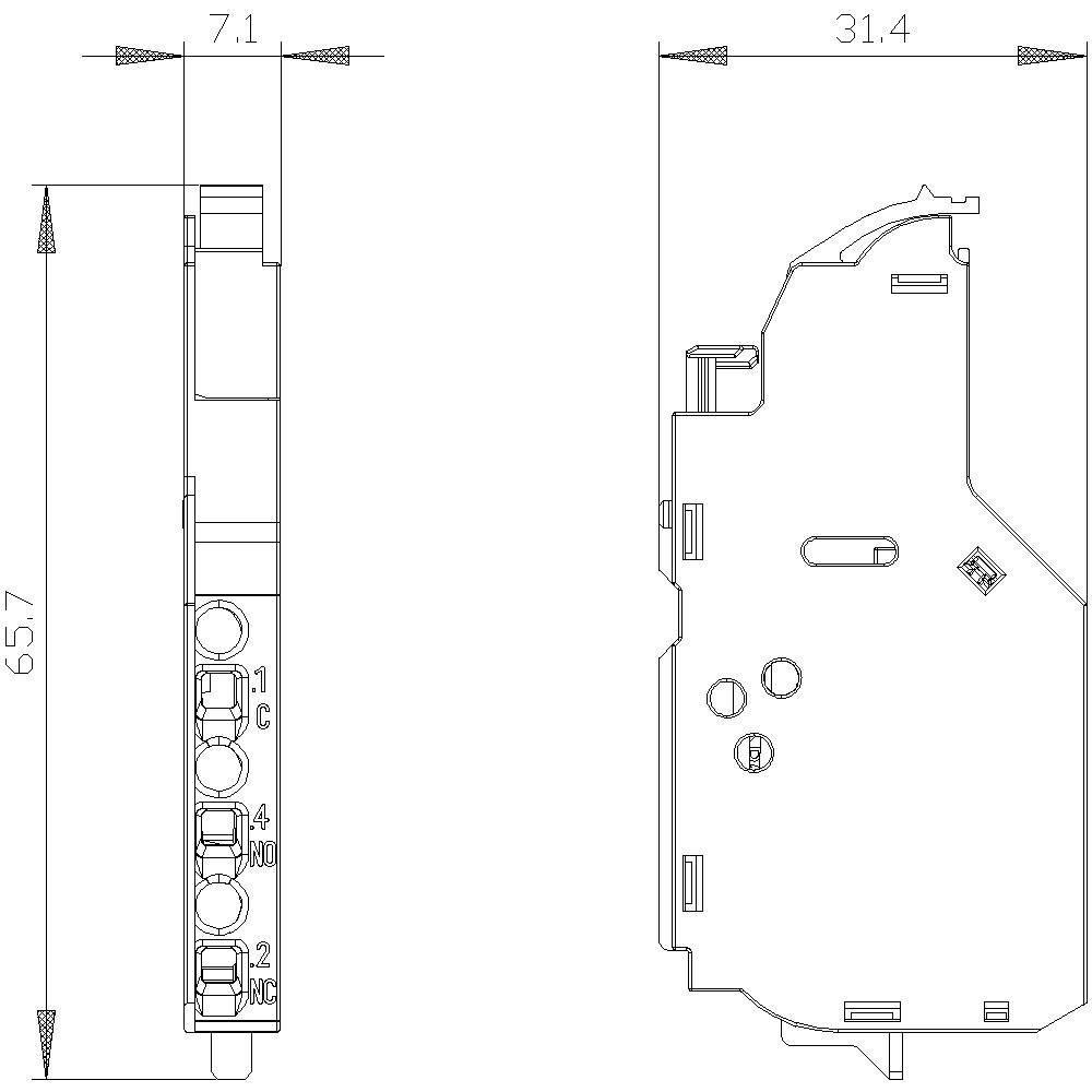 Technische Zeichnung eines Bauteils, seitliche und frontale Ansicht. Maße: Höhe 65,7 mm, Breite 31,4 mm, Tiefe 7,1 mm.
