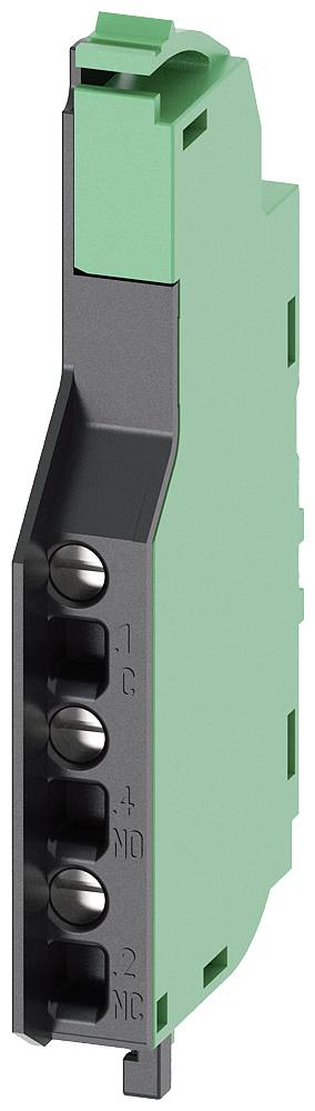 Ein schmaler grüner elektrischer Schalter, vertikal stehend, mit schwarzen Verbindungsklemmen an der Seite.