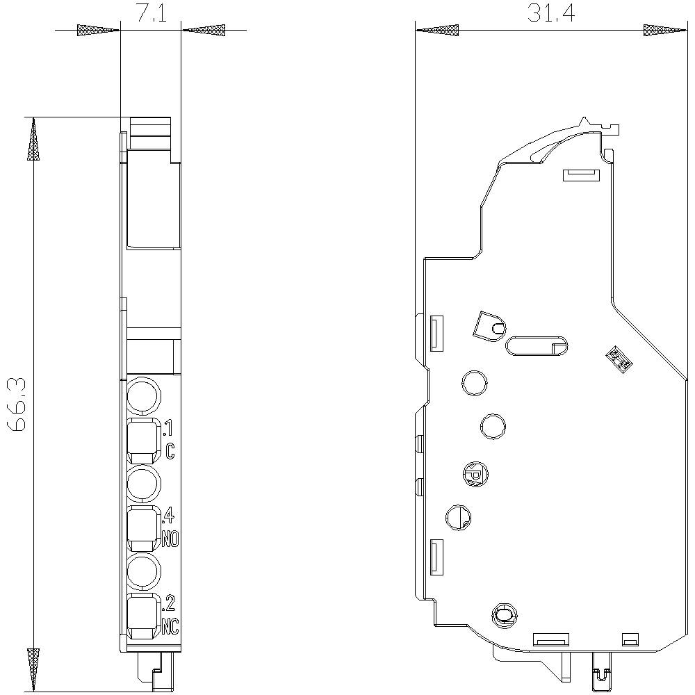Technische Zeichnung eines elektronischen Bauteils mit Maßen: 66,3 mm Höhe, 7,1 mm Breite, 31,4 mm Tiefe. Seitliche und frontale Ansicht.