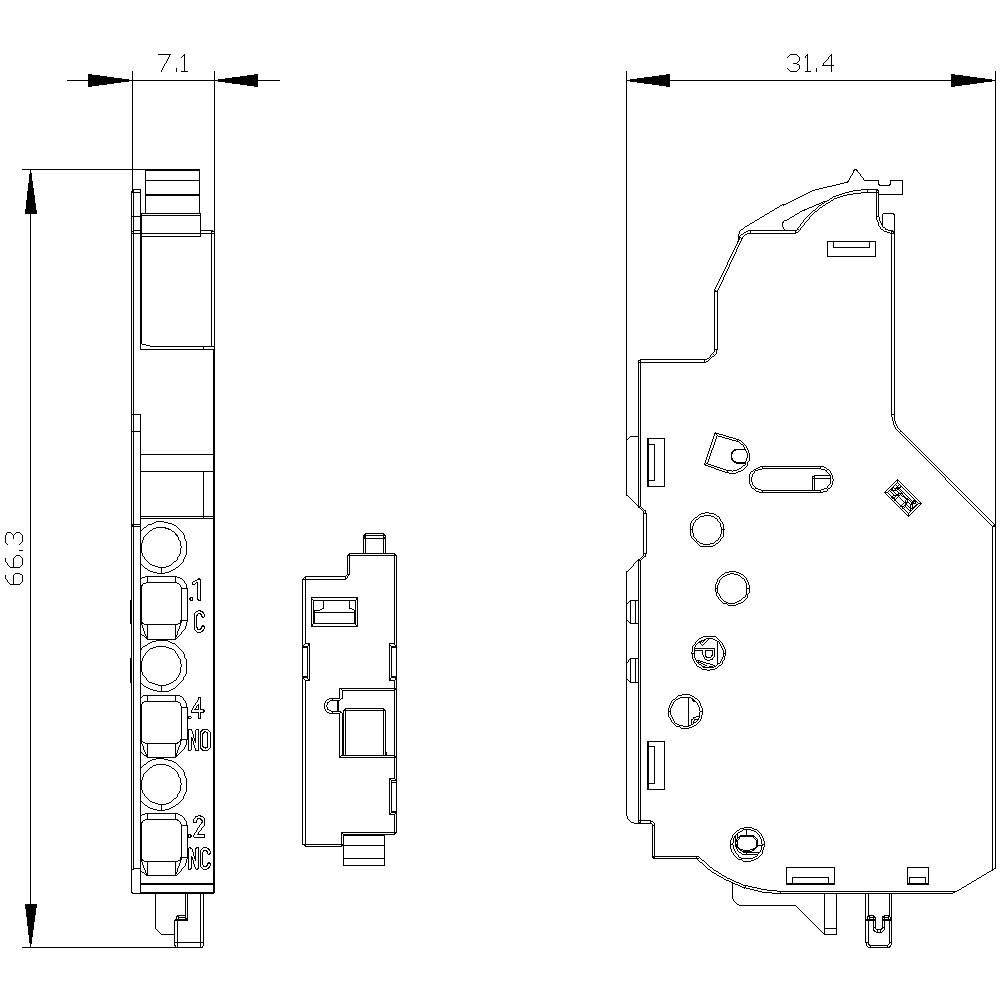 Technische Zeichnung eines elektrischen Bauteils mit Maßangaben. Die Höhe beträgt 66,3 mm, die Breite 31,4 mm und die Tiefe 7,1 mm.