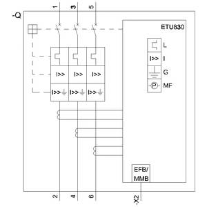 Elektrischer Schaltplan mit ETU830; zeigt Leitungsverbindungen, Sicherungen und Funktionselemente wie Überstromschutz und Fehlersignale.
