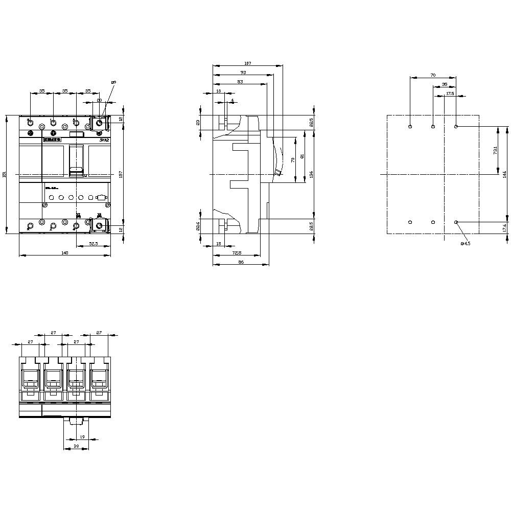 Technische Zeichnung eines elektrischen Schalters mit Vorder- und Seitenansicht, Abmessungen und Anschlussdetails.