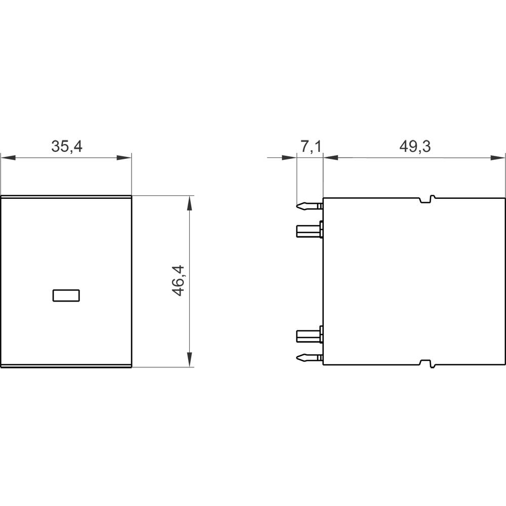 Technische Zeichnung von einem rechteckigen Bauteil mit Maßen: Breite 35,4 mm, Höhe 46,4 mm, Tiefe 49,3 mm. Seitenansicht zeigt Anschlüsse.