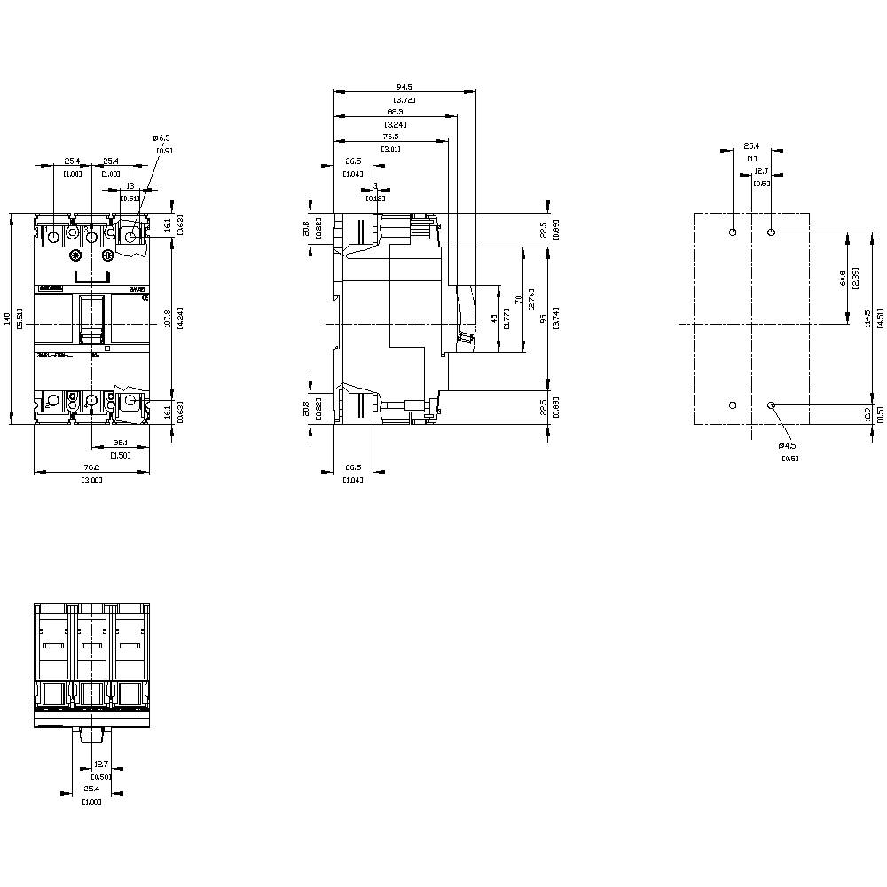 Ein technisches Diagramm zeigt die genauen Abmessungen einer elektrischen Schalteinheit mit Seiten- und Rückansichten. Maße in Millimetern.
