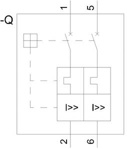 Ein Schaltplansymbol mit zwei parallel angeordneten Schaltern, nummeriert von 1 bis 6. Es deutet die elektrische Verbindung an.
