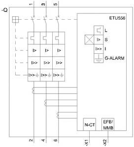 'Schaltplan einer elektrischen Schutzeinrichtung mit Etikett 'ETU556'. Zeigt Sicherungen, Verbindungen und CT/EBF/MMB-Module.'