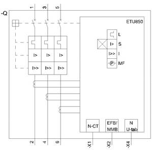 Schaltplan einer elektrischen Schutzeinheit mit Bezeichnungen: 'ETU850', L: Leitung, S: Schutz, I: Strom, MF: Multifunktion. Verbindungen zwischen Komponenten sichtbar.