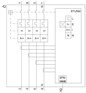 Schaltplan mit ETU550. Zeigt Kabelverbindungen, Schutzschalter und Steuerungslogik. Links oben: -Q-. Rechts: L, S, I, N.