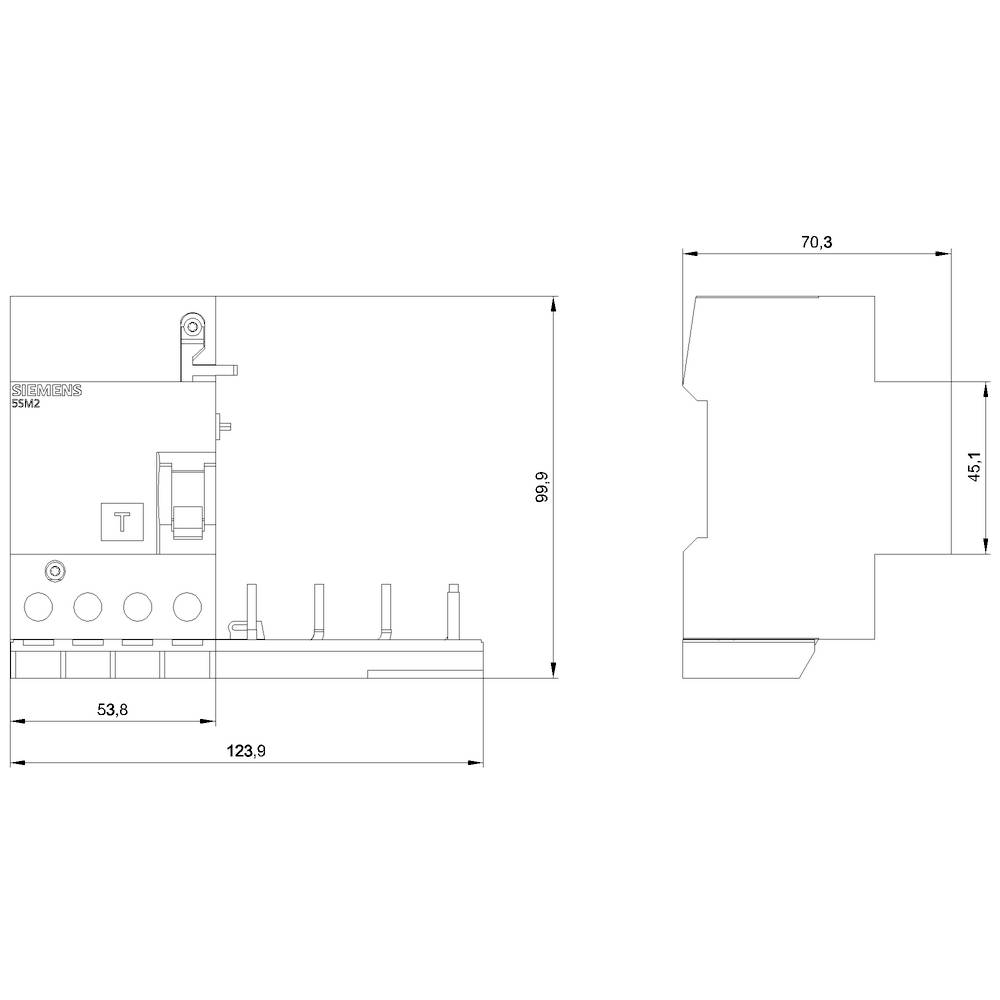Diagramm eines elektrischen Schalters mit Abmessungen: Höhe 99,8 mm, Breite 53,8 mm und Länge 123,9 mm. Seitenansicht zeigt 70,3 mm Breite.