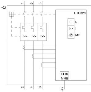 Schaltplan zeigt ETU820-Schutzrelais mit Sicherungen und Anschlüssen, beschriftet 'L', 'I', 'MF', 'EFB/MMB'. Leitungen sind mit Zahlen markiert.