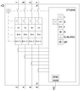 Diagramm zeigt ein Schaltplan des Schutzschalters ETU856 mit Beschriftungen für L, S, I, N, G-ALARM und MF. Verbindungen sind gezeichnet.