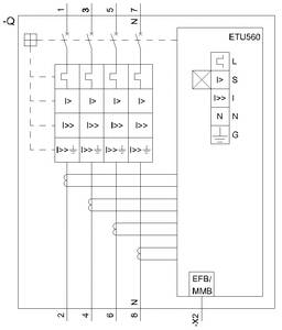 Diagramm eines Schutzgeräts vom Typ ETU560. Zeigt Anschlussklemmen L, S, I, N, G. Eingänge 1-7 links, Ausgang EFB/MMB unten.