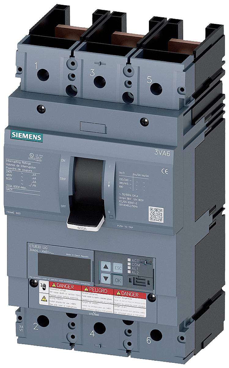Ein blauer Lasttrennschalter von Siemens mit mehreren Anschlüssen und Beschriftungen zur elektrischen Absicherung und Steuerung.