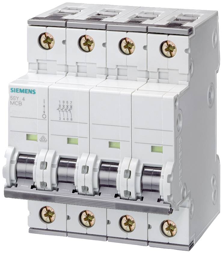 Ein vierpoliger Schutzschalter von SIEMENS, typischerweise in elektrischen Verteilerschränken genutzt, mit Kippschaltern oben.